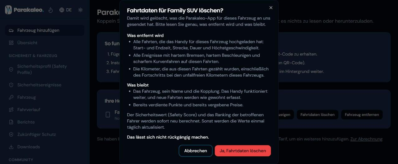 Die Bestätigung „Fahrtdaten löschen“, die auflistet, was entfernt wird und was bleibt, mit den Schaltflächen „Abbrechen“ und „Ja, Fahrtdaten löschen“.