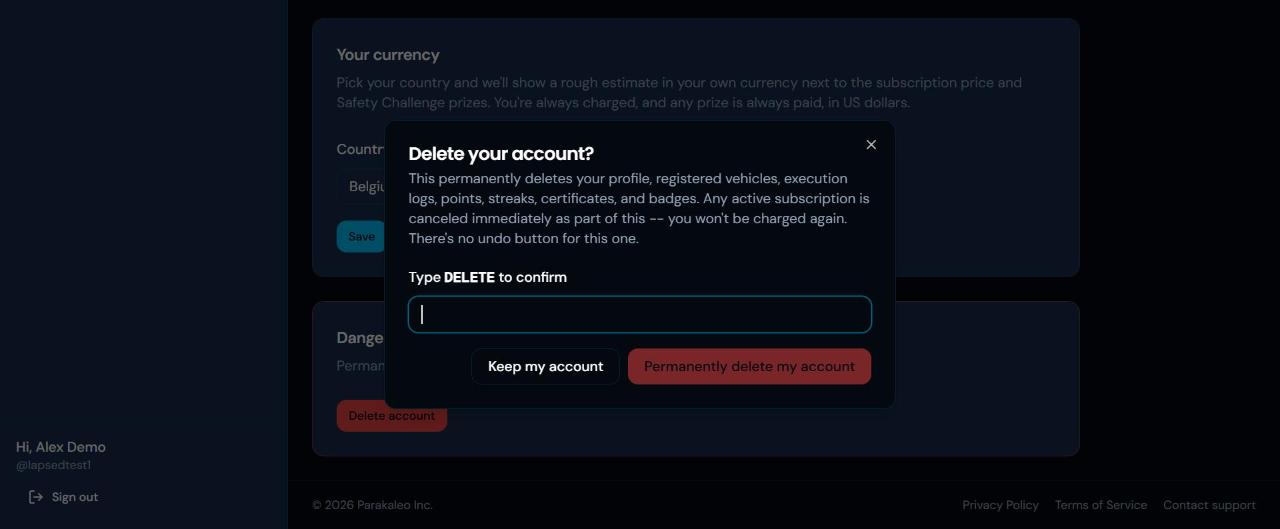 The Delete your account confirmation in the portal, which asks you to type DELETE before anything is removed.