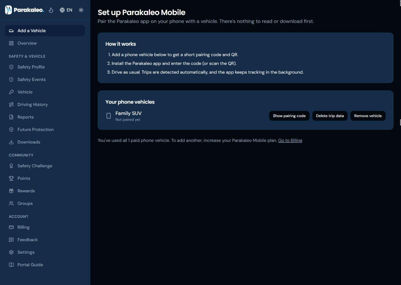 The Parakaleo Mobile setup page, with a phone vehicle listed under Your phone vehicles and the Show pairing code, Delete trip data and Remove vehicle buttons beside it.
