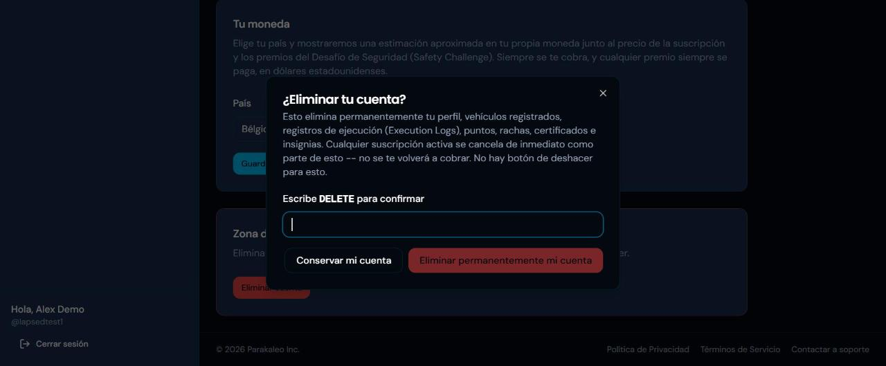 La confirmación «Eliminar tu cuenta» en el portal, que te pide escribir DELETE antes de eliminar nada.