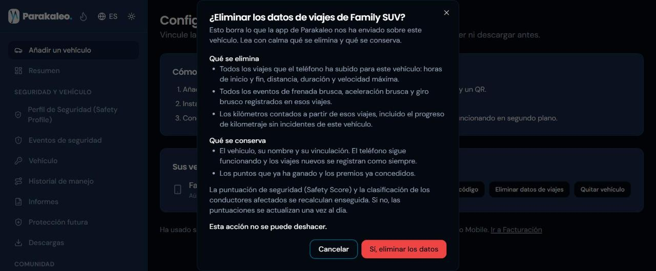 La confirmación «Eliminar datos de viajes», que enumera lo que se elimina y lo que se conserva, con los botones «Cancelar» y «Sí, eliminar los datos».