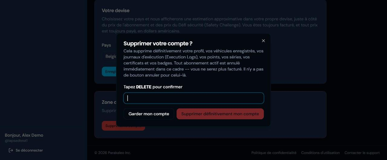 La confirmation « Supprimer votre compte » dans le portail, qui vous demande de saisir DELETE avant que quoi que ce soit ne soit supprimé.