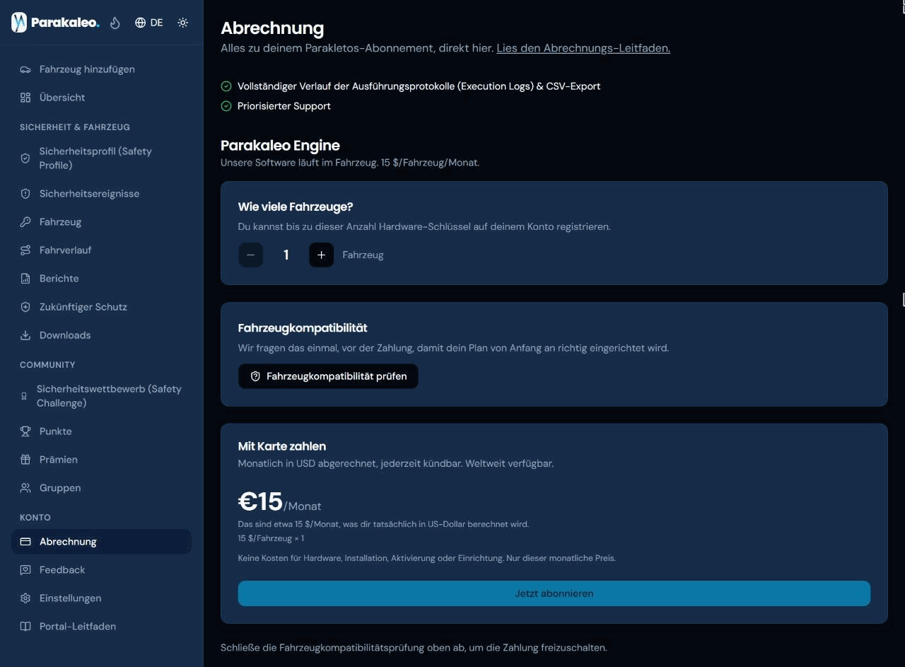 Die Abrechnungsseite mit dem Plan Parakaleo Engine, einem Fahrzeugzähler, einer Fahrzeug-Kompatibilitätsprüfung und dem Monatspreis über der Schaltfläche Jetzt abonnieren.