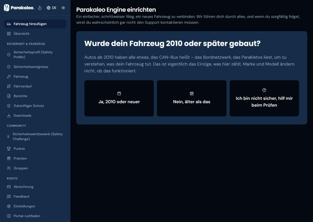 Der Einrichtungsassistent von Parakaleo Engine, der fragt, ob das Fahrzeug 2010 oder später gebaut wurde, mit drei Antworten zur Auswahl.