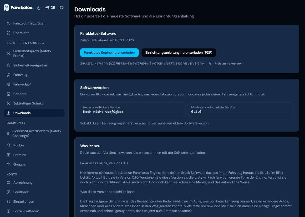 Die Downloads-Seite mit Schaltflächen zum Herunterladen der Parakaleo-Engine-Software und der Einrichtungsanleitung sowie einer Prüfsumme zum Kopieren.