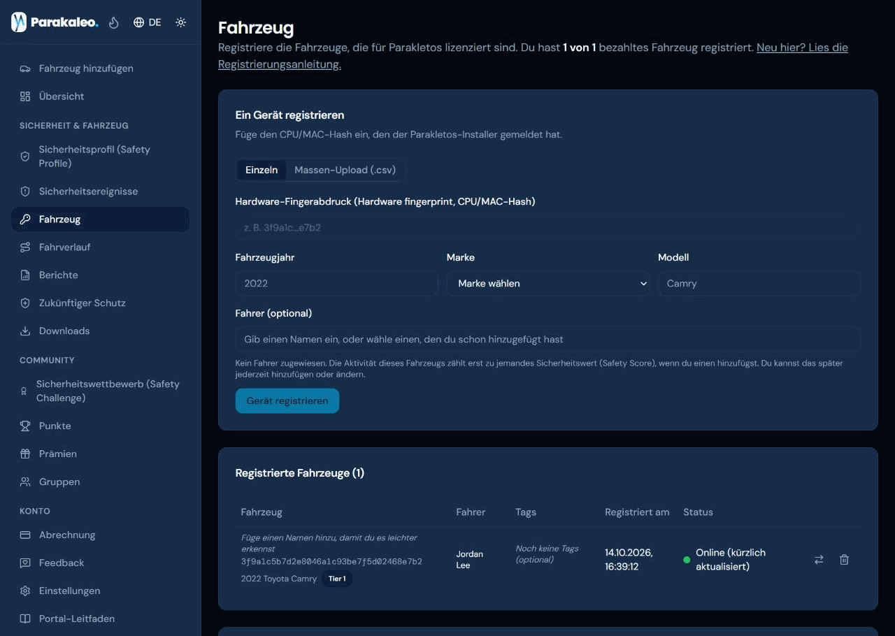 Die Fahrzeugseite mit dem registrierten Fahrzeug, das als Online und kürzlich aktualisiert angezeigt wird.