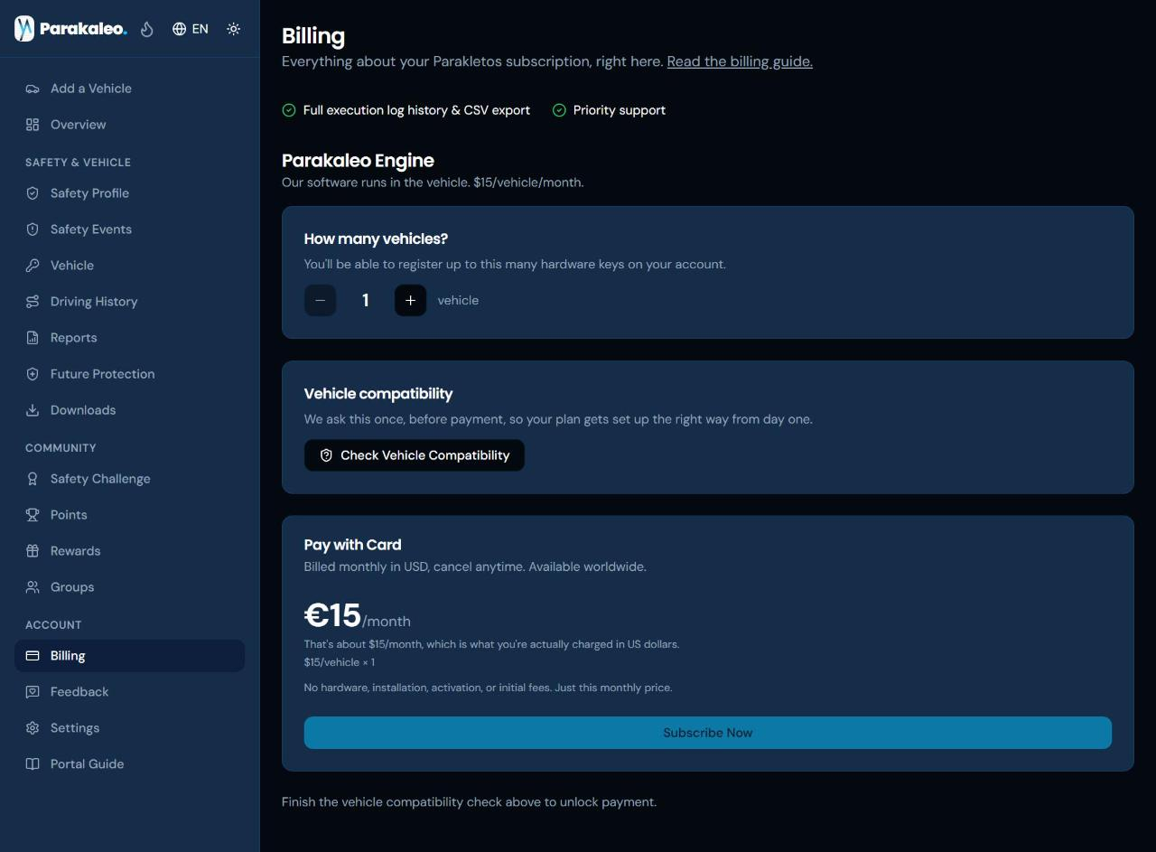 The Billing page, showing the Parakaleo Engine plan with a vehicle count stepper, a vehicle compatibility check, and the monthly price above the Subscribe Now button.
