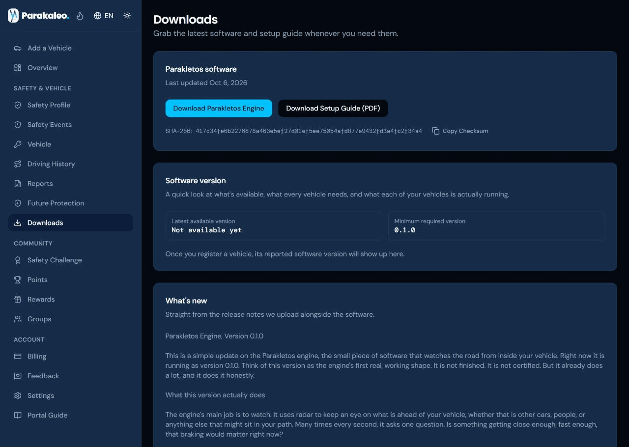 The Downloads page, with buttons to download the Parakletos Engine software and the setup guide, and a checksum to copy.