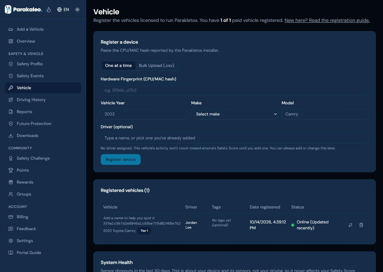 The Vehicle page, with the registered vehicle shown as Online and recently updated.
