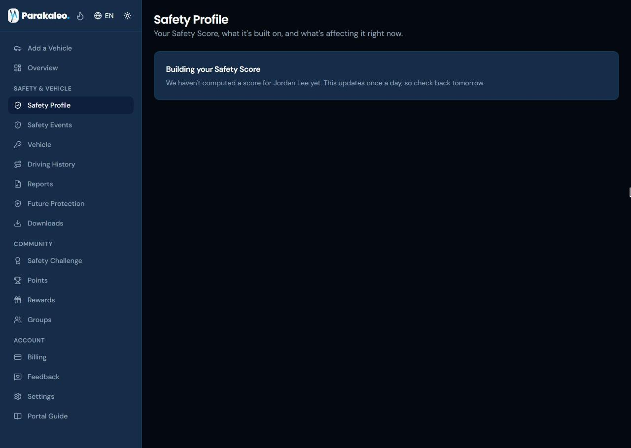 The Safety Profile page, saying the Safety Score is being built for the driver.