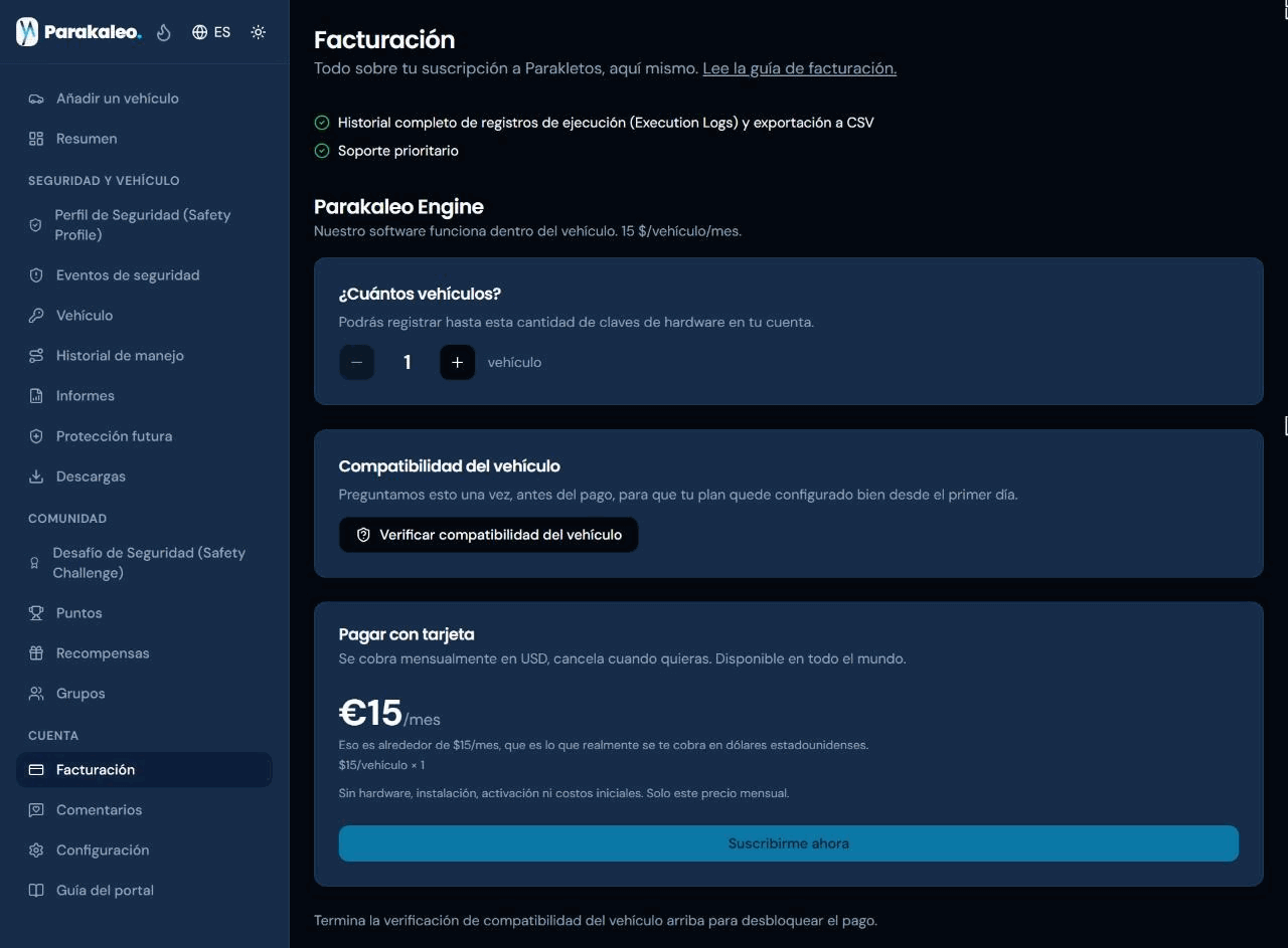 La página de Facturación, con el plan Parakaleo Engine, un contador de vehículos, una comprobación de compatibilidad del vehículo y el precio mensual sobre el botón Suscribirme ahora.