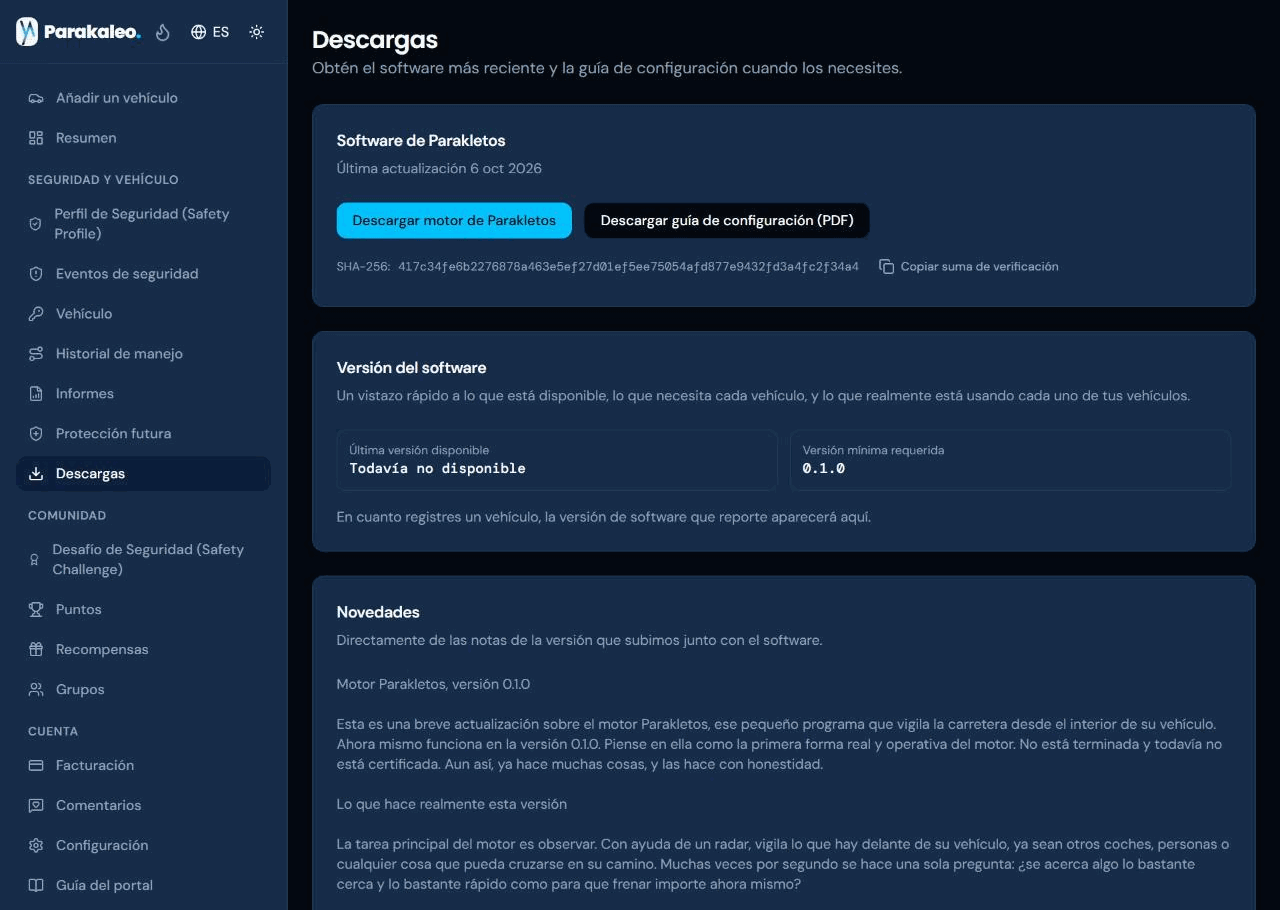 La página Descargas, con botones para descargar el software de Parakaleo Engine y la guía de configuración, y una suma de verificación para copiar.