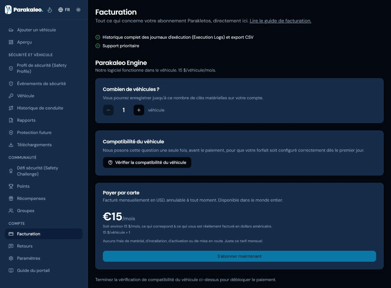 La page Facturation, avec le forfait Parakaleo Engine, un compteur de véhicules, une vérification de compatibilité du véhicule et le prix mensuel au-dessus du bouton S'abonner maintenant.