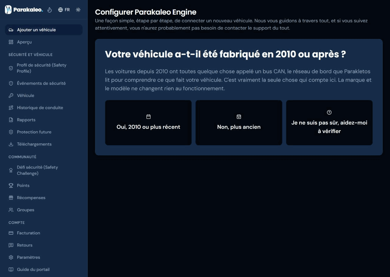 L'assistant de configuration de Parakaleo Engine demandant si le véhicule a été fabriqué en 2010 ou après, avec trois réponses au choix.