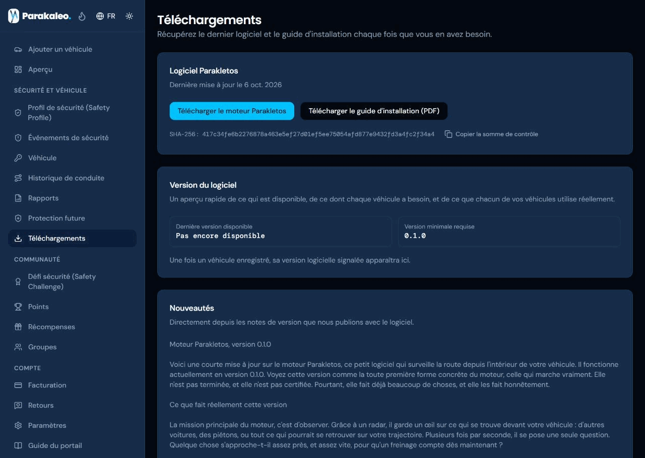 La page Téléchargements, avec les boutons pour télécharger le logiciel Parakaleo Engine et le guide d'installation, et une somme de contrôle à copier.