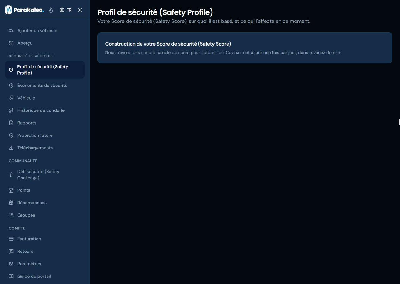 La page Profil de sécurité (Safety Profile), indiquant que le Safety Score du conducteur est en cours de construction.