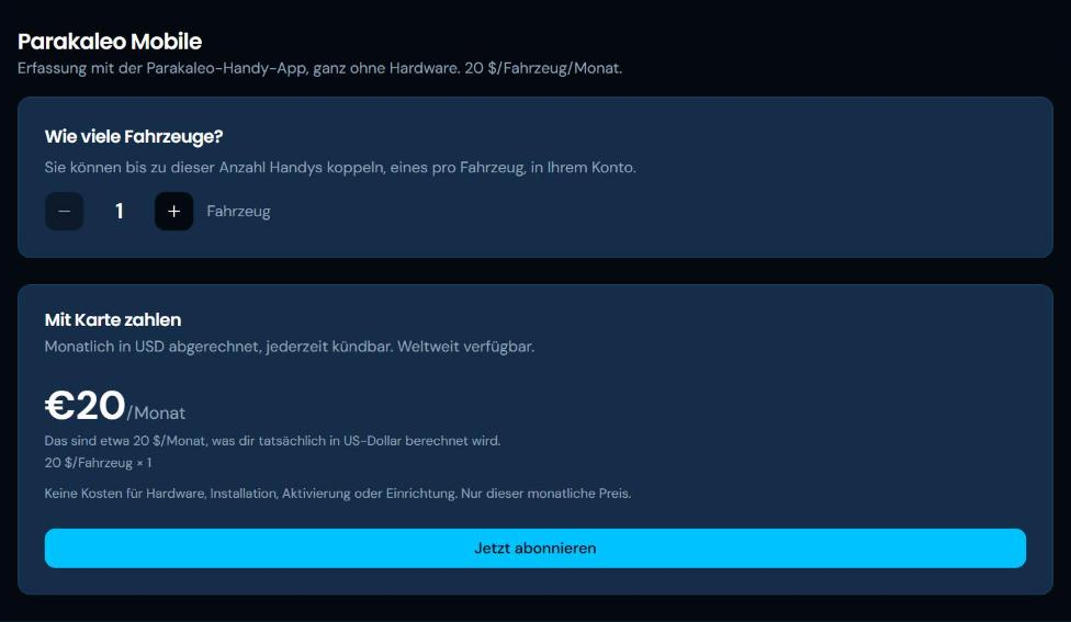 Die Abrechnungsseite mit dem Plan Parakaleo Mobile, einem Fahrzeugzähler und dem Monatspreis über der Schaltfläche Jetzt abonnieren.