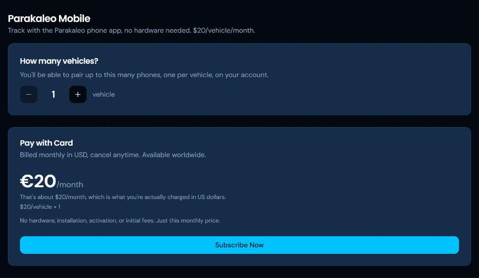 The Billing page, showing the Parakaleo Mobile plan with a vehicle count stepper and the monthly price above the Subscribe Now button.