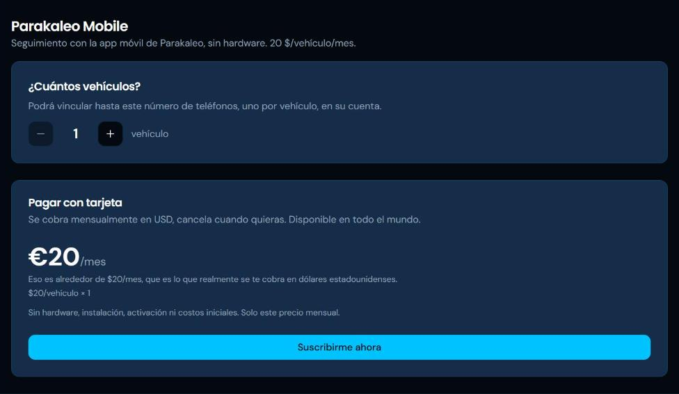 La página de Facturación, con el plan Parakaleo Mobile, un contador de vehículos y el precio mensual sobre el botón Suscribirme ahora.
