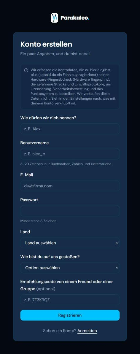 Das Parakaleo-Anmeldeformular mit Feldern für Name, Benutzername, E-Mail, Passwort, Land und die Frage, wie Sie von uns erfahren haben.