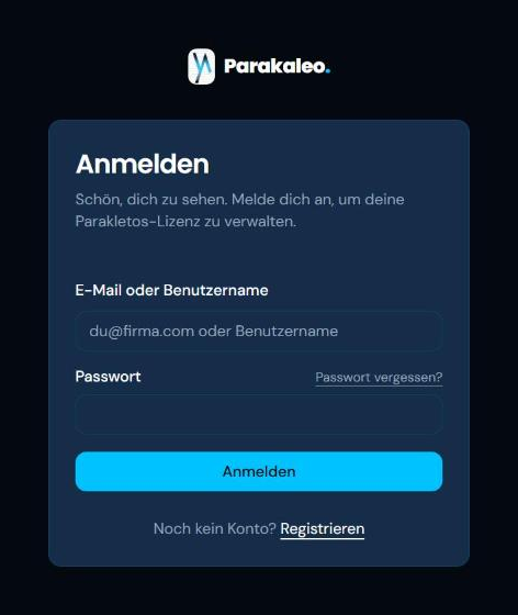 Die Parakaleo-Anmeldeseite mit einem Feld für E-Mail-Adresse oder Benutzername und einem Passwortfeld.