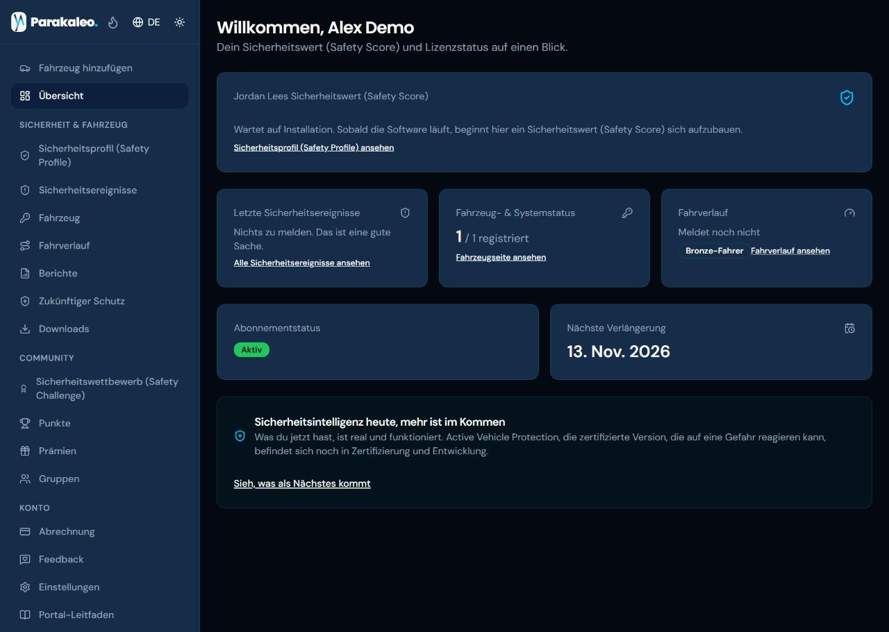 Die Dashboard-Übersicht des Portals mit einer Safety-Score-Karte, die auf die Installation wartet, einem registrierten Fahrzeug, einem aktiven Abonnement und dem nächsten Verlängerungsdatum.