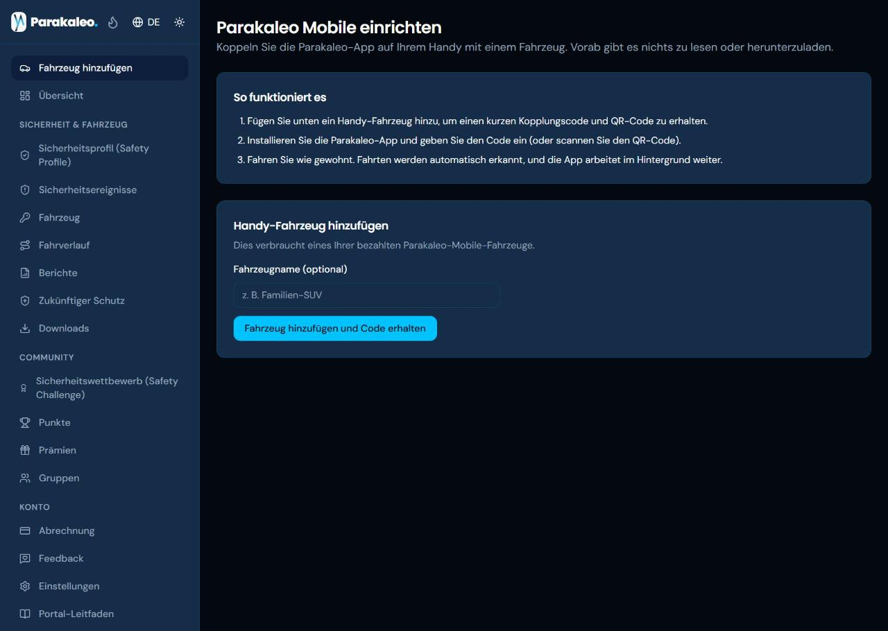 Die Seite „Parakaleo Mobile einrichten“ mit den drei Schritten von „So funktioniert es“ und einem Formular „Handy-Fahrzeug hinzufügen“ mit optionalem Fahrzeugnamen.