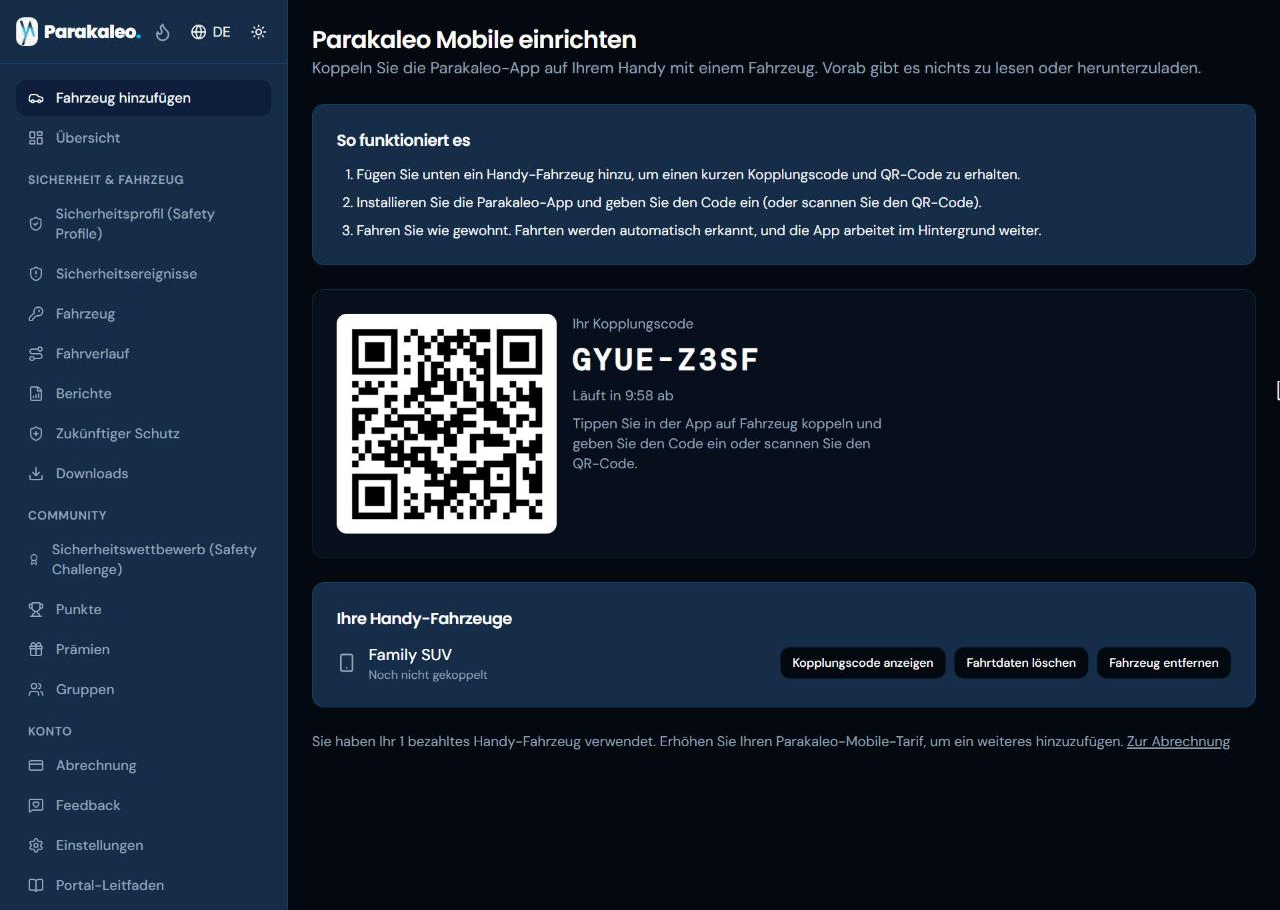 Die Parakaleo-Mobile-Einrichtungsseite nach dem Hinzufügen eines Handy-Fahrzeugs, mit einem kurzen Kopplungscode, einem QR-Code und der Liste Ihrer Handy-Fahrzeuge.