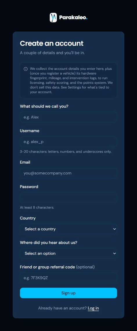 The Parakaleo sign up form, asking for a name, username, email, password, country, and how you heard about us.