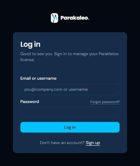 The Parakaleo login page, with a field for your email or username and a field for your password.