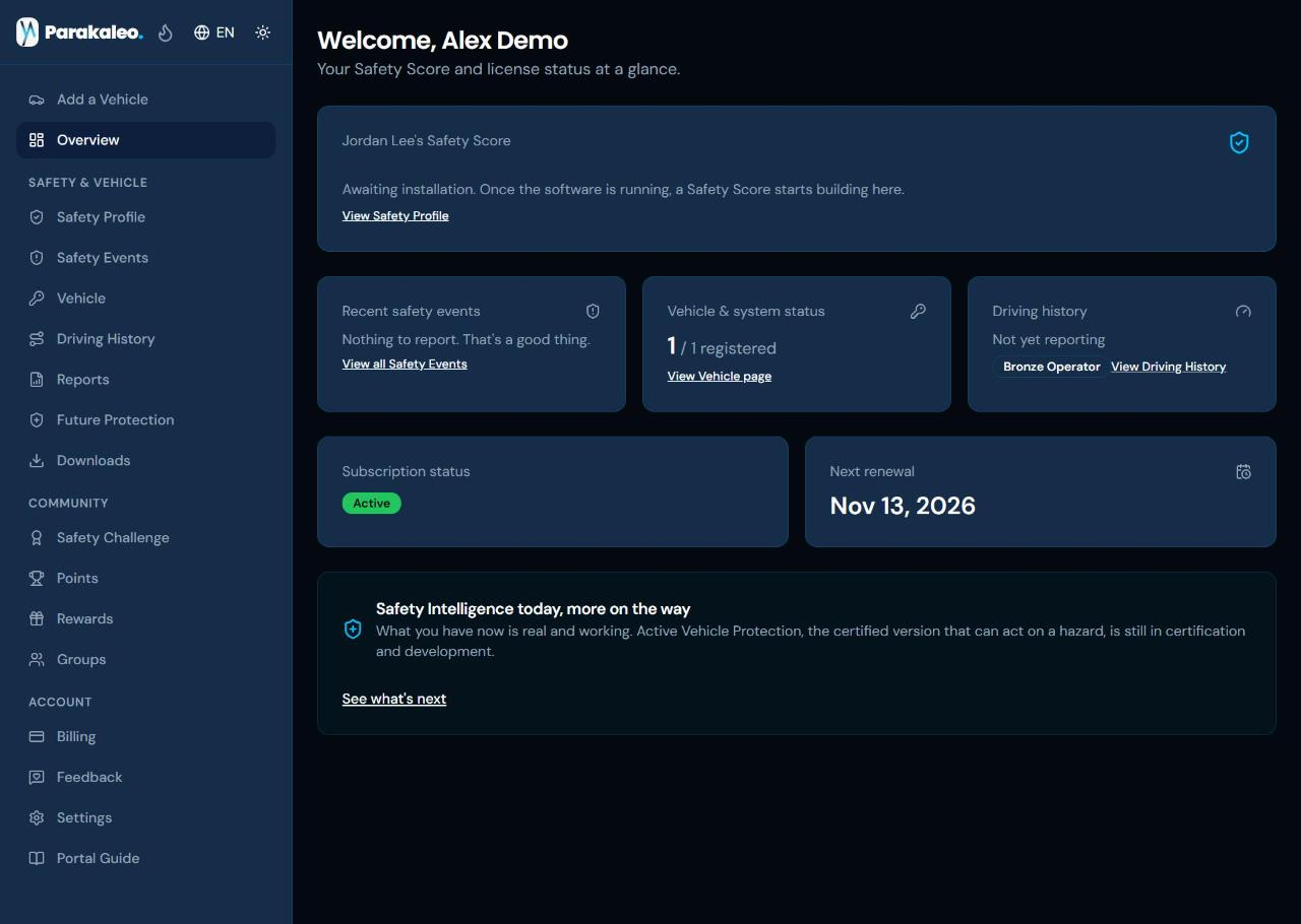 The portal dashboard overview, showing a Safety Score card waiting for installation, one registered vehicle, an active subscription, and the next renewal date.