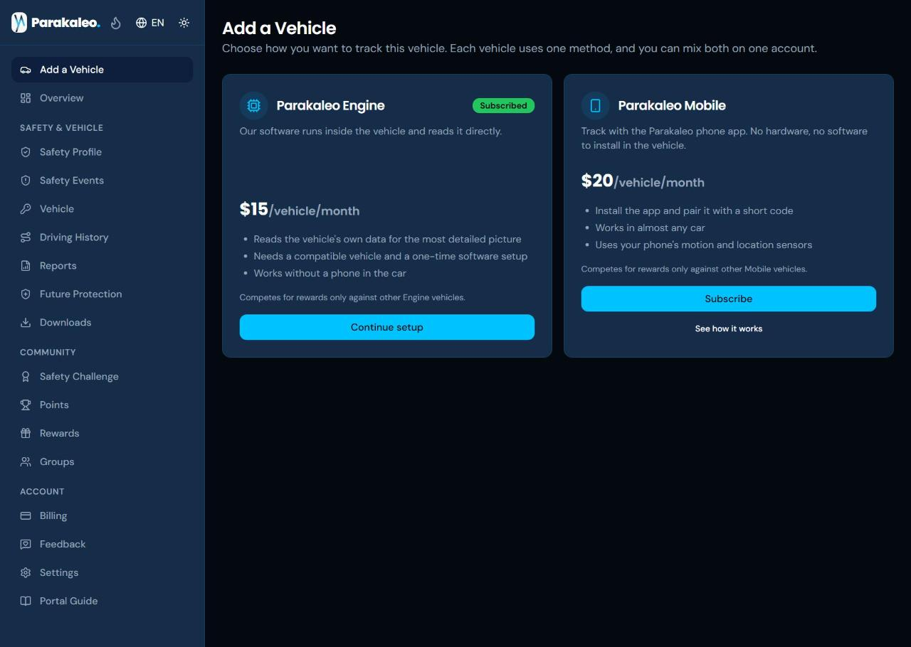 The Add a Vehicle page, with the Parakaleo Engine and Parakaleo Mobile options side by side, their monthly prices, and a Continue setup button for Engine.