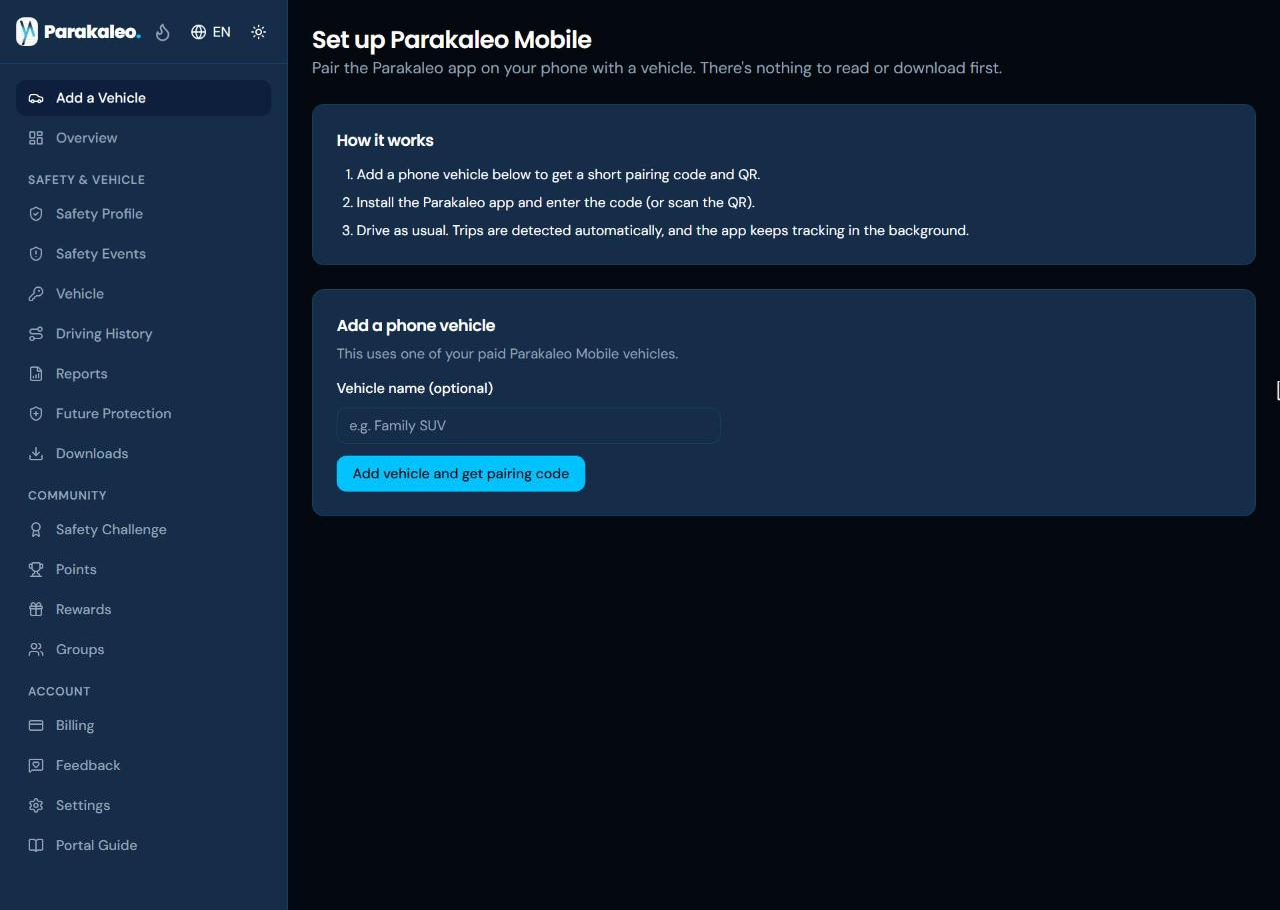 The Set up Parakaleo Mobile page, with the three How it works steps and an Add a phone vehicle form with an optional vehicle name.