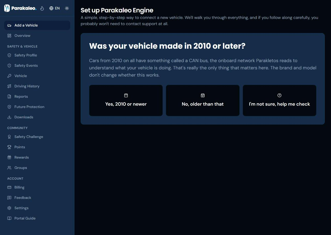 The Parakaleo Engine setup wizard asking whether the vehicle was made in 2010 or later, with three answers to choose from.