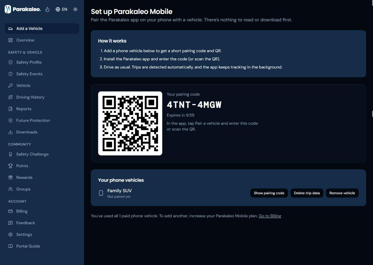 The Parakaleo Mobile setup page after adding a phone vehicle, showing a short pairing code, a QR code, and the list of your phone vehicles.