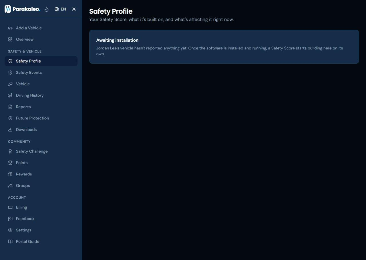 The Safety Profile page, showing an honest awaiting installation message for a freshly registered vehicle.