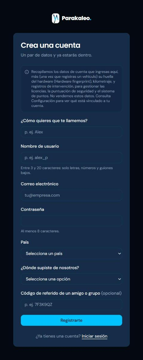El formulario de registro de Parakaleo, que pide nombre, nombre de usuario, correo electrónico, contraseña, país y cómo nos conociste.