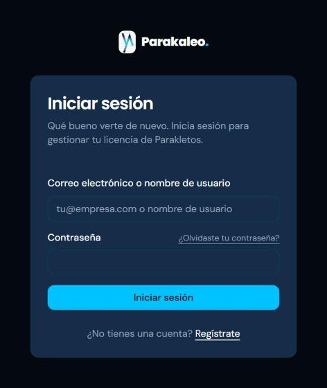 La página de inicio de sesión de Parakaleo, con un campo para tu correo o nombre de usuario y otro para tu contraseña.