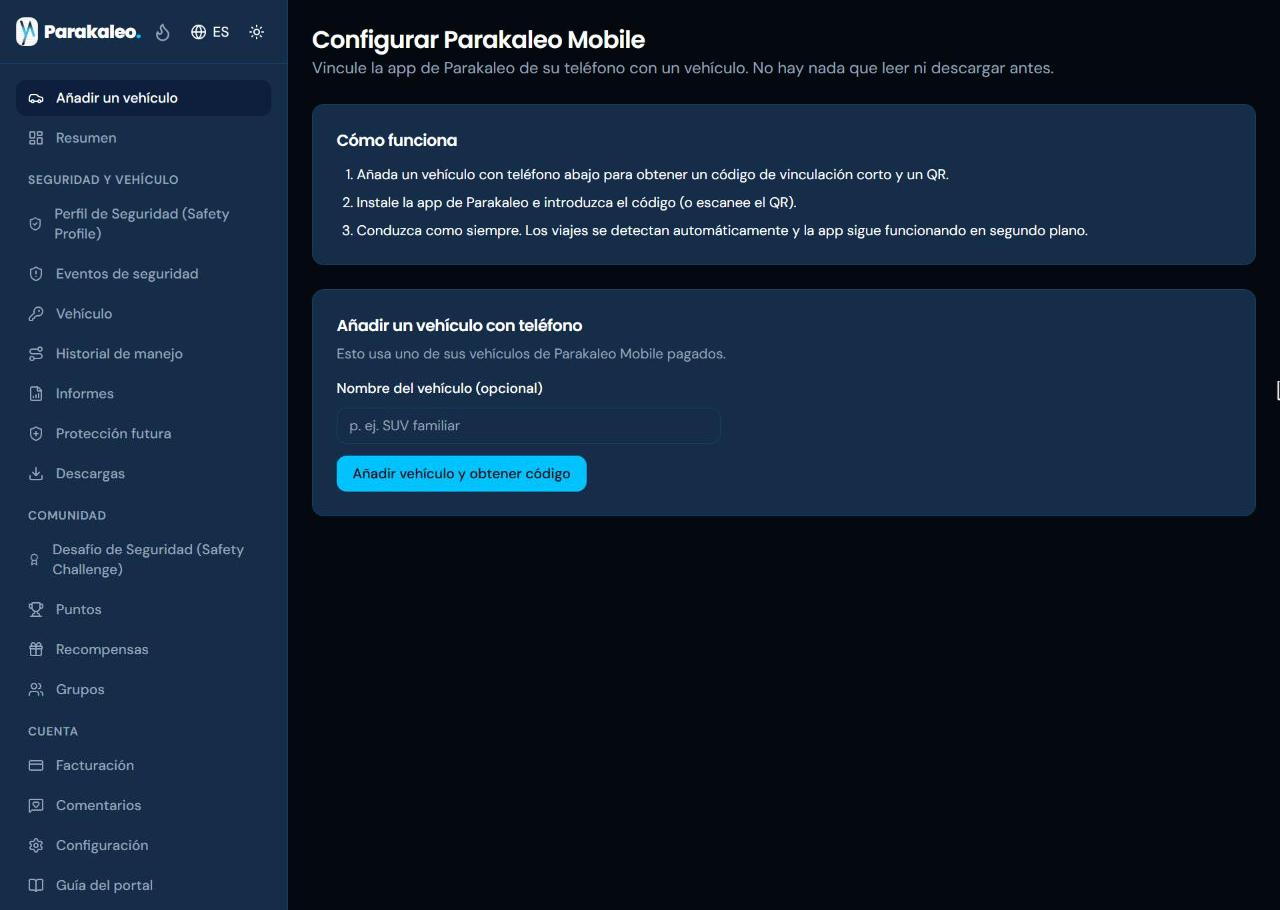 La página «Configurar Parakaleo Mobile», con los tres pasos de «Cómo funciona» y un formulario «Añadir un vehículo con teléfono» con un nombre de vehículo opcional.