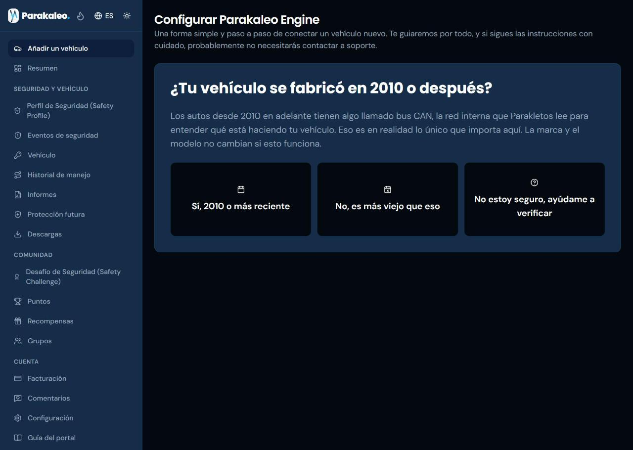 El asistente de configuración de Parakaleo Engine preguntando si el vehículo se fabricó en 2010 o después, con tres respuestas para elegir.