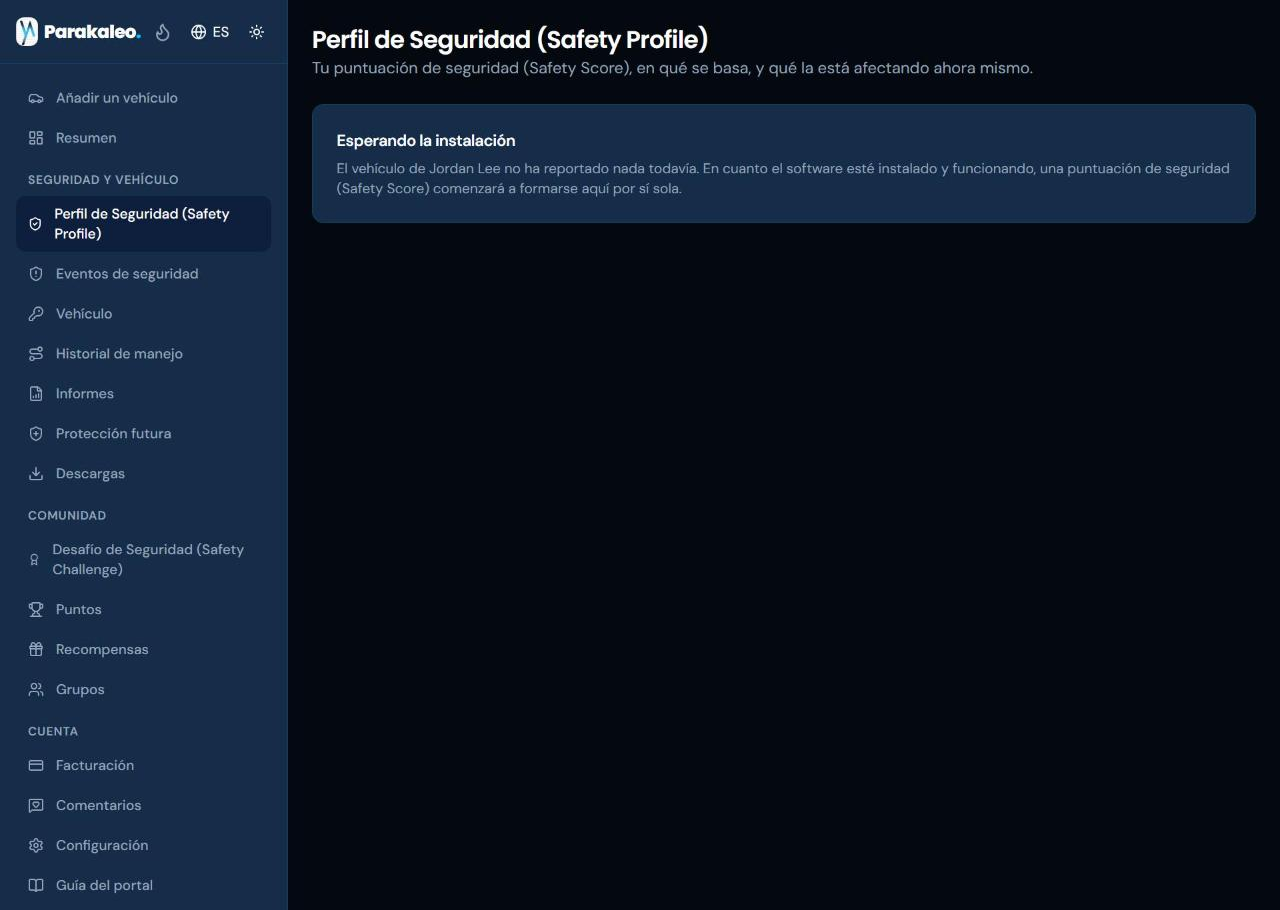 La página Perfil de seguridad, mostrando una nota honesta de «esperando instalación» para un vehículo recién registrado.