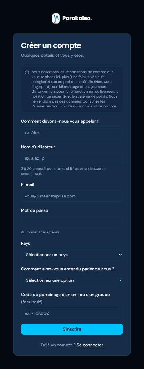 Le formulaire d'inscription Parakaleo, qui demande un nom, un nom d'utilisateur, un e-mail, un mot de passe, un pays et comment vous nous avez connus.