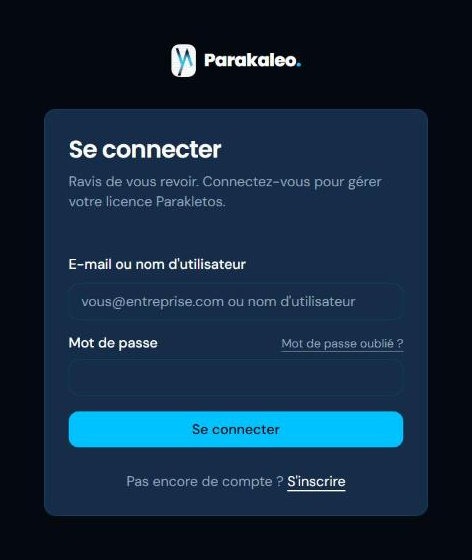 La page de connexion Parakaleo, avec un champ pour votre e-mail ou nom d'utilisateur et un champ pour votre mot de passe.