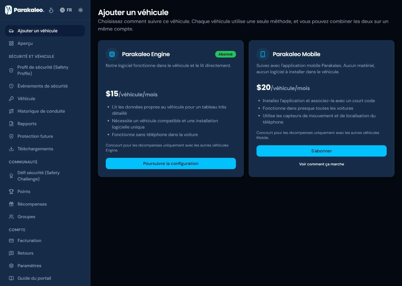 La page Ajouter un véhicule, avec les options Parakaleo Engine et Parakaleo Mobile côte à côte, leurs prix mensuels et un bouton Poursuivre la configuration pour Engine.