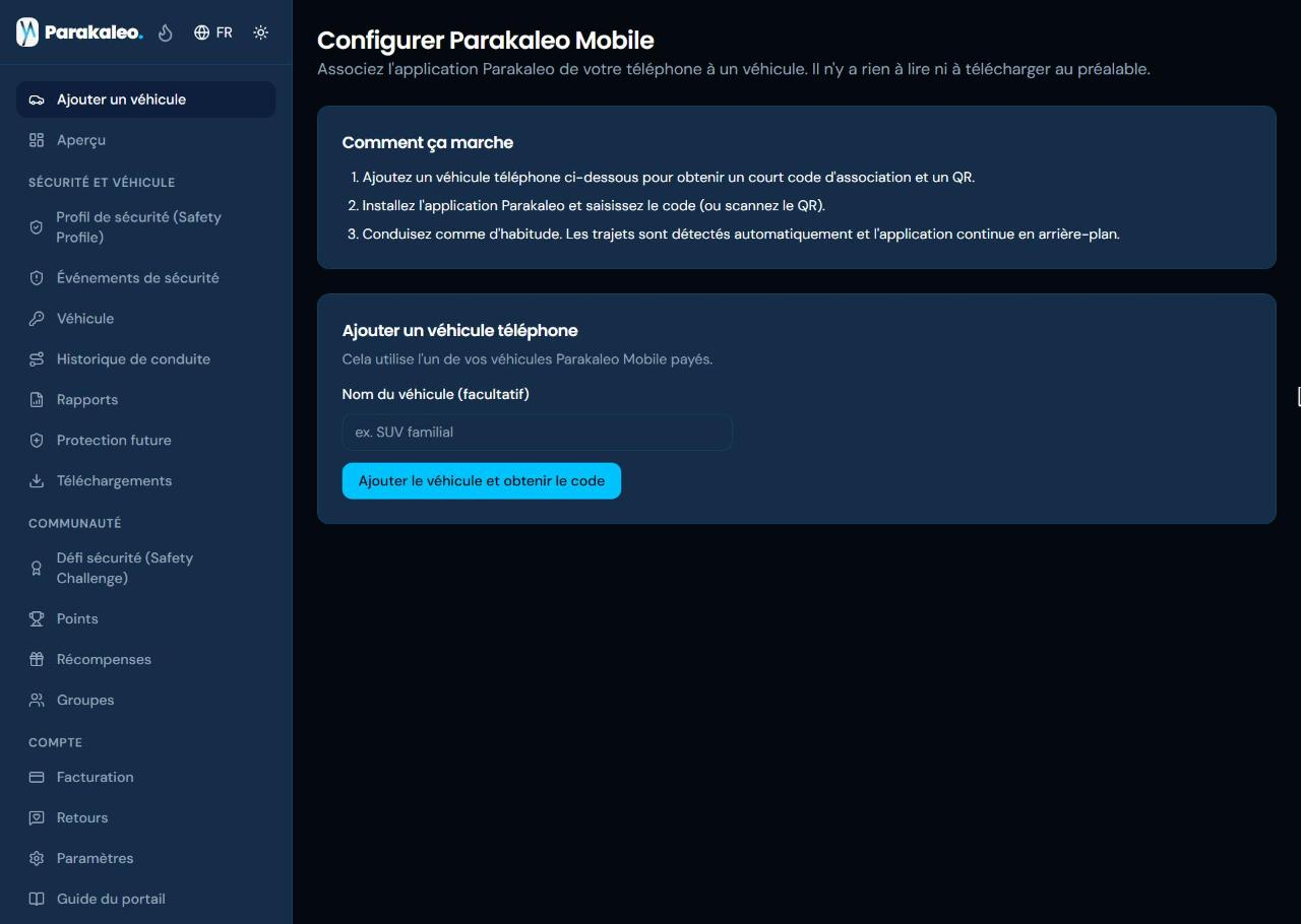 La page « Configurer Parakaleo Mobile », avec les trois étapes de « Comment ça marche » et un formulaire « Ajouter un véhicule téléphone » avec un nom de véhicule facultatif.