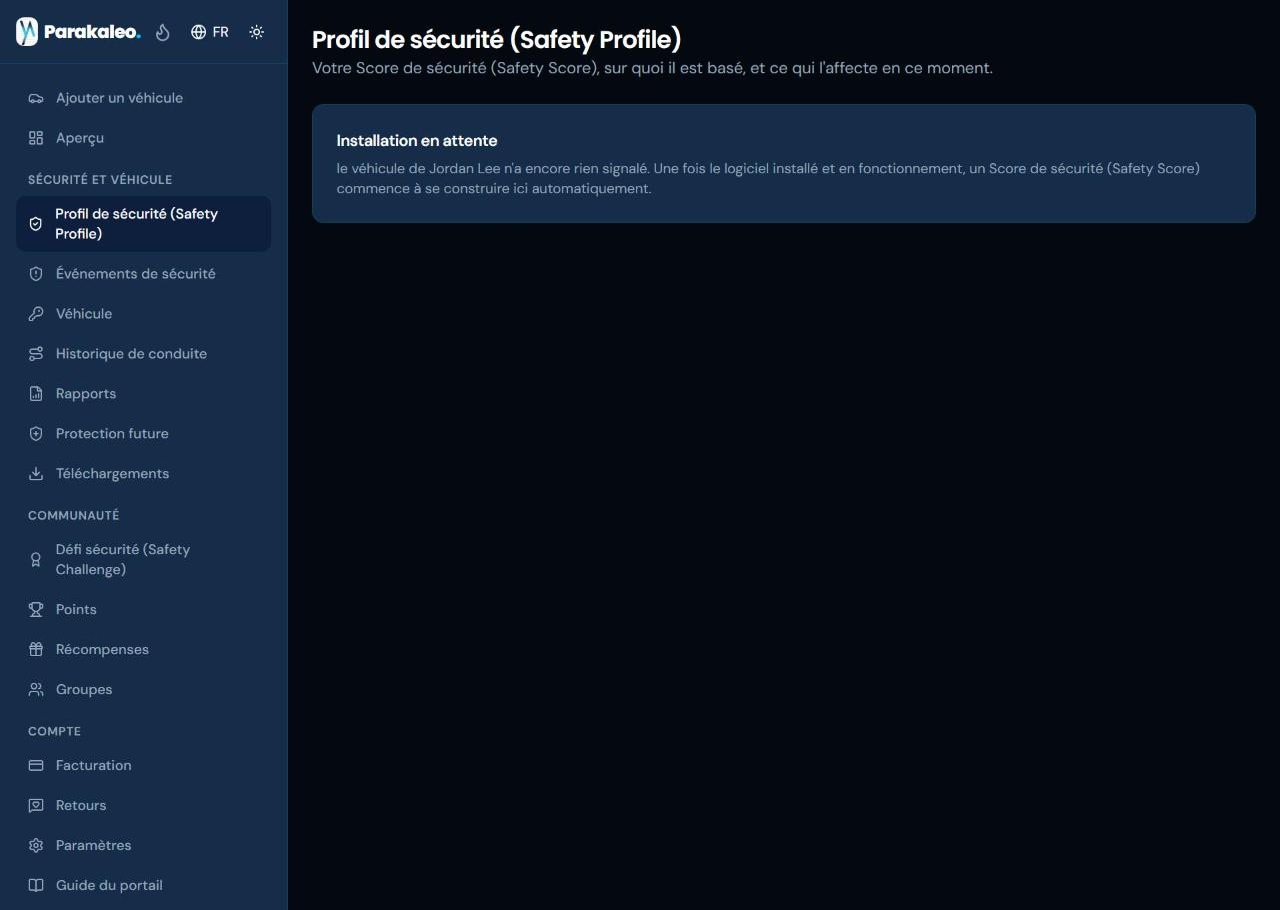 La page Profil de sécurité, affichant une note honnête « en attente d'installation » pour un véhicule fraîchement enregistré.