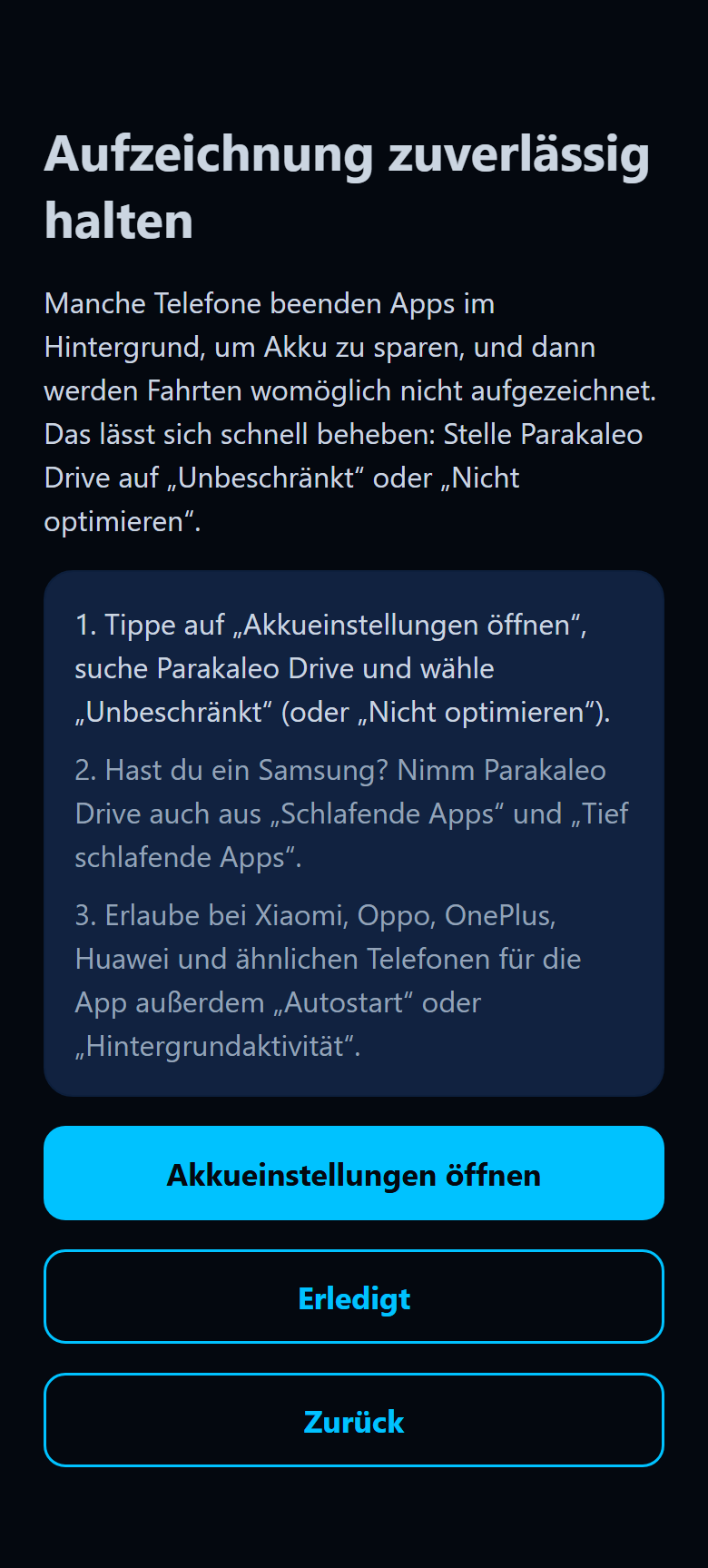 App-Bildschirm Aufzeichnung zuverlässig halten, mit den Akku-Schritten und der Schaltfläche Akkueinstellungen öffnen.