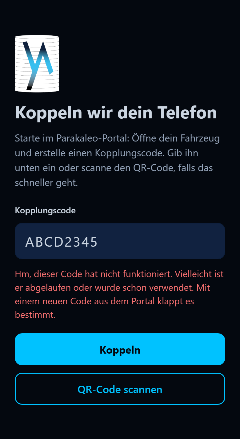 App-Bildschirm mit der Meldung, dass der Kopplungscode nicht funktioniert hat.