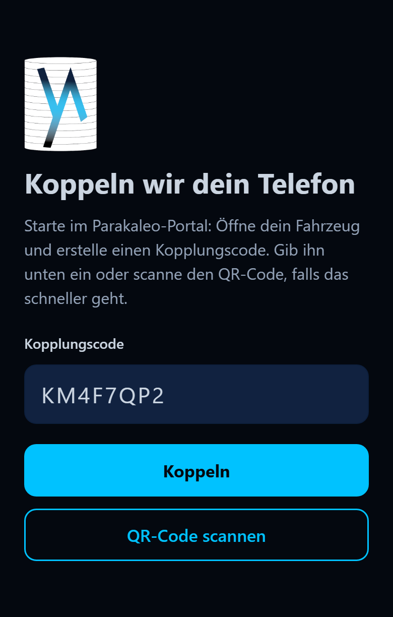 App-Bildschirm: der eingegebene Kopplungscode mit den Schaltflächen Koppeln und QR-Code scannen.
