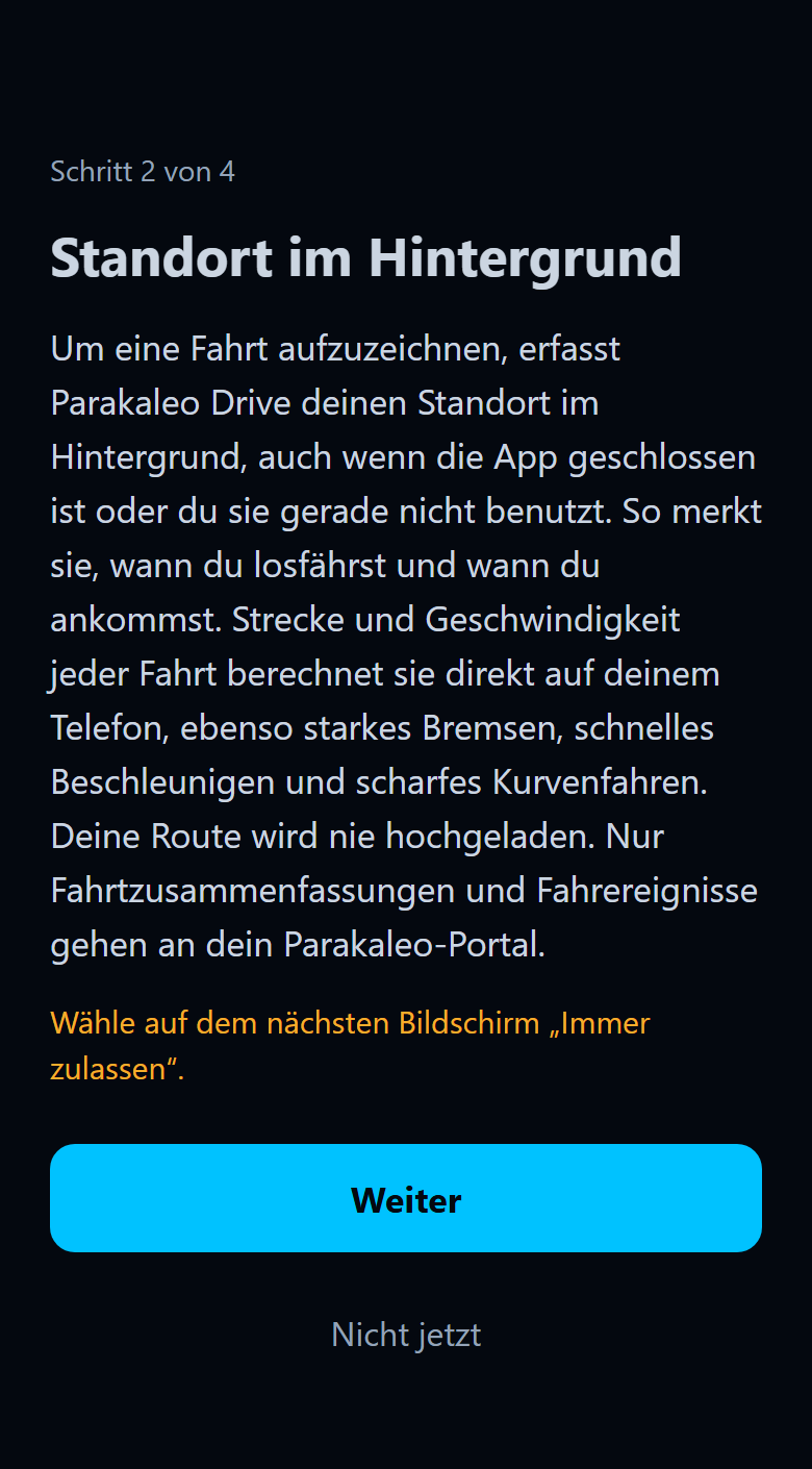App-Bildschirm mit der Bitte um den Standort im Hintergrund und der Schaltfläche Weiter.
